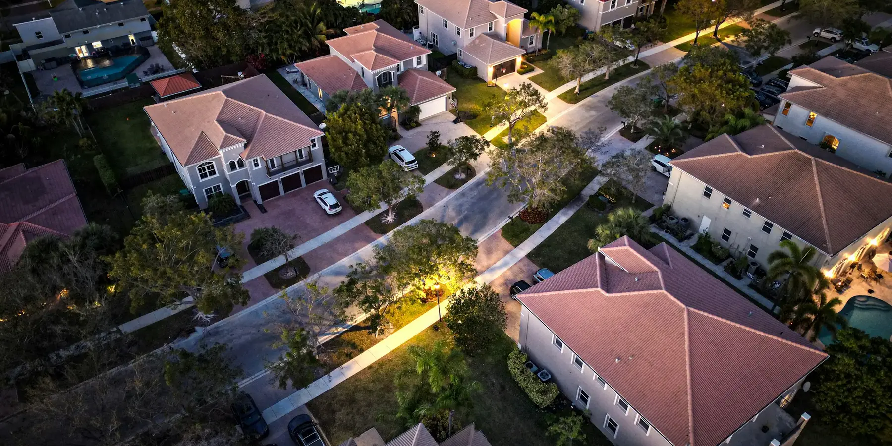 A neighbourhood from the air after dark
