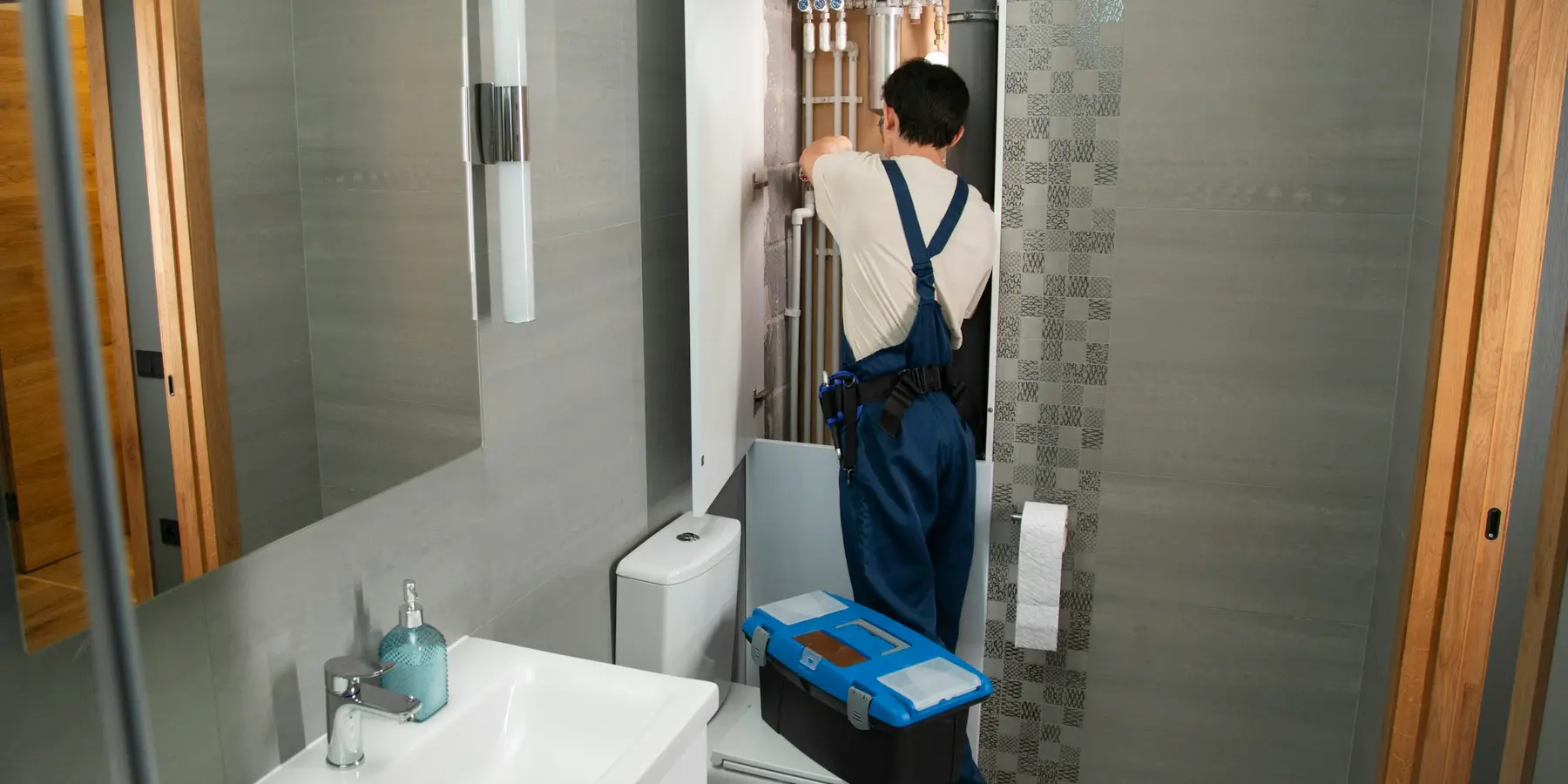 A plumber working on the supply lines in a bathroom